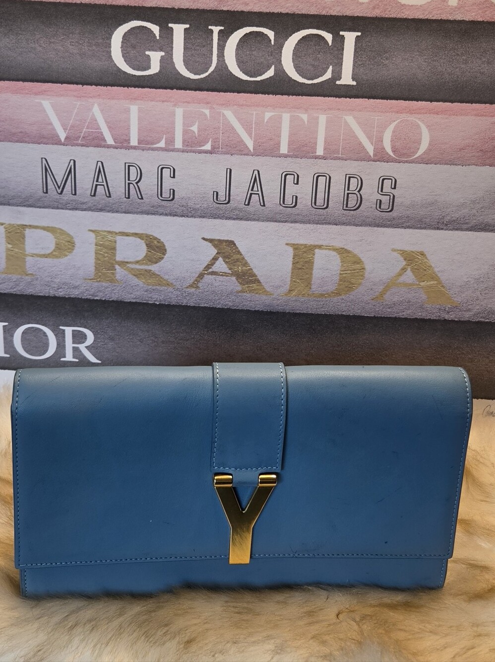 Yves Saint Laurent Blue Leather Y-Front Clutch